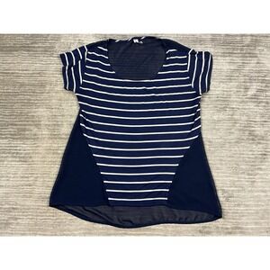 Studio Y Top Womens Large Blue Striped Semi Sheer Back Short Sleeve Rayon Blend